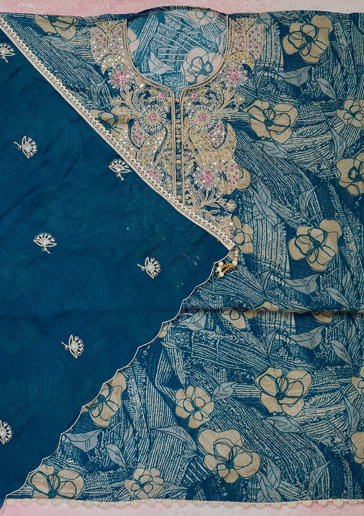 Peacock Blue Threadwork Cotton Unstitched Salwar Suit-Koskii
