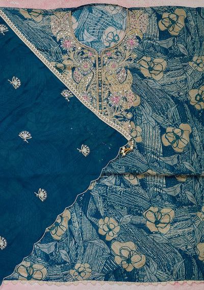 Peacock Blue Threadwork Cotton Unstitched Salwar Suit-Koskii