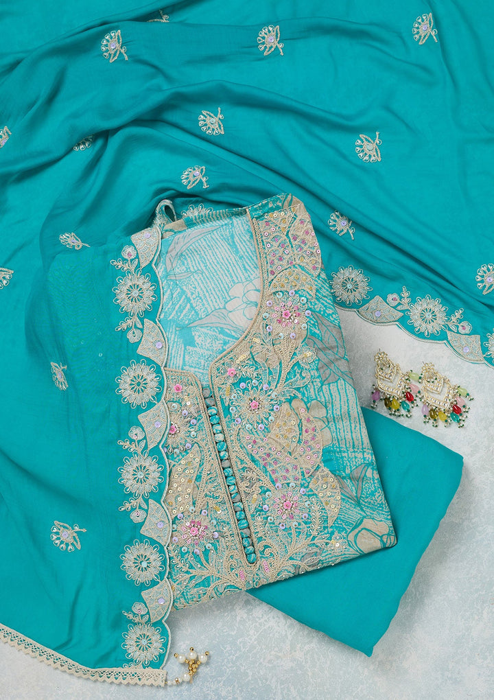 Sky Blue Threadwork Cotton Unstitched Salwar Suit-koskii