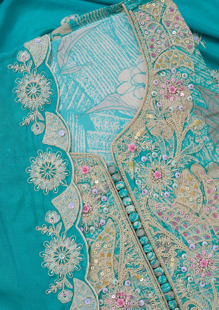 Sky Blue Threadwork Cotton Unstitched Salwar Suit-koskii