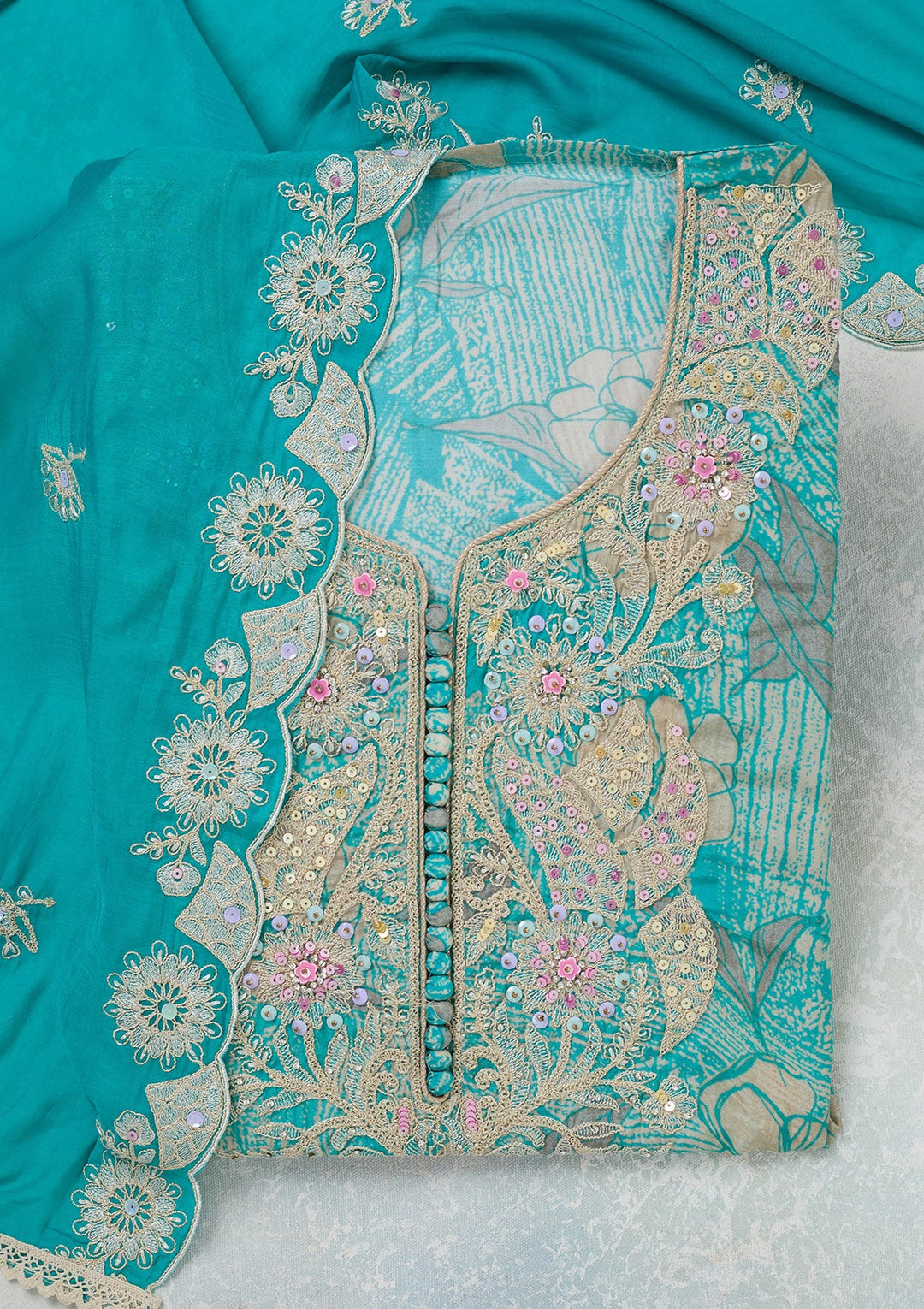 Sky Blue Threadwork Cotton Unstitched Salwar Suit-koskii