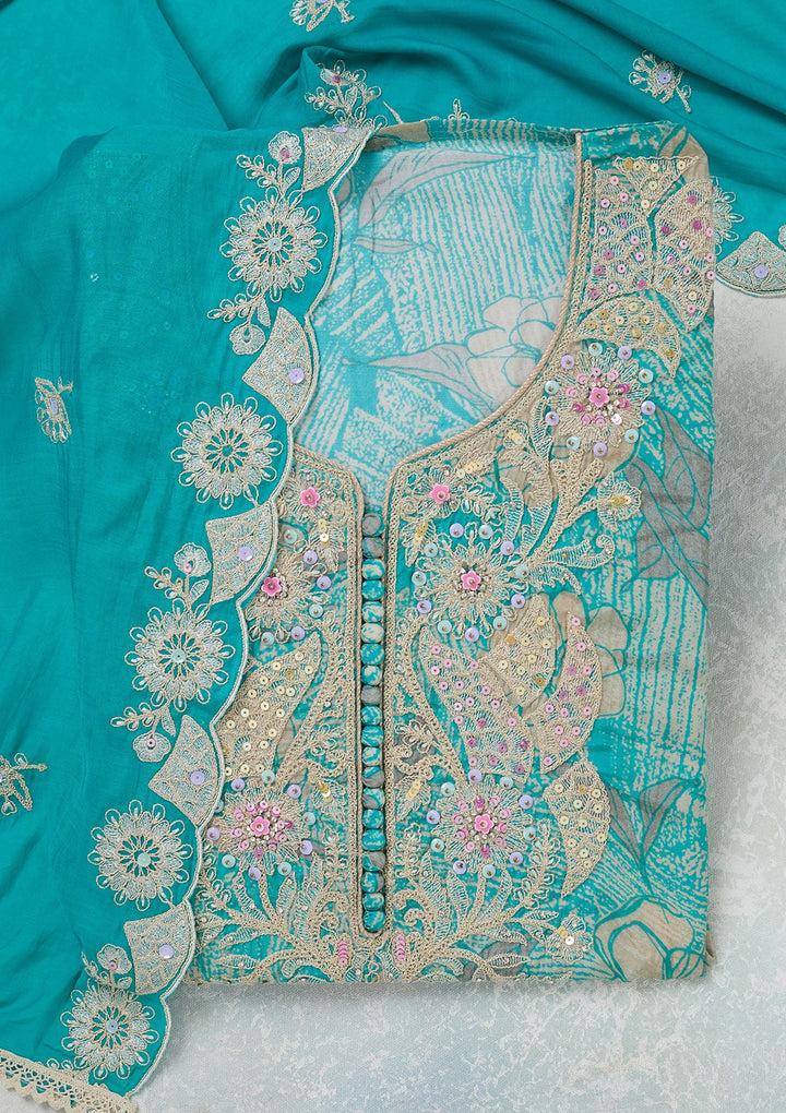 Sky Blue Threadwork Cotton Unstitched Salwar Suit-koskii