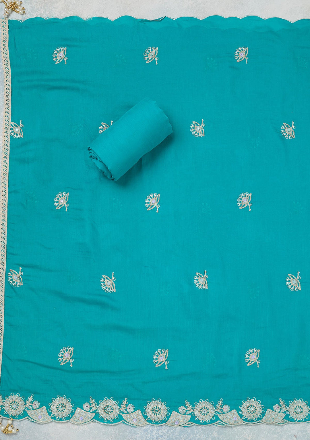 Sky Blue Threadwork Cotton Unstitched Salwar Suit-koskii