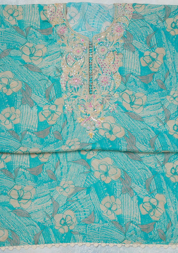 Sky Blue Threadwork Cotton Unstitched Salwar Suit-koskii