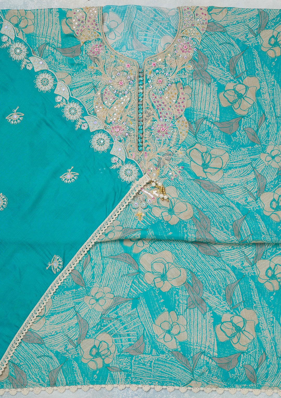 Sky Blue Threadwork Cotton Unstitched Salwar Suit-koskii