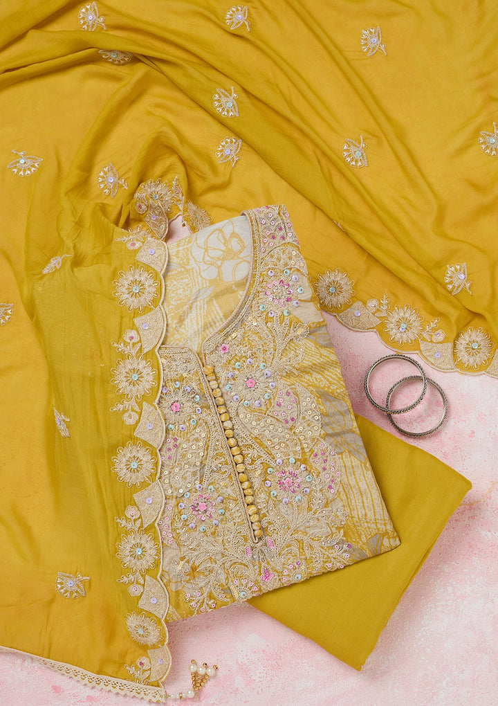 Yellow Threadwork Cotton Unstitched Salwar Suit-koskii