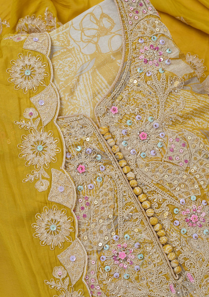Yellow Threadwork Cotton Unstitched Salwar Suit-koskii