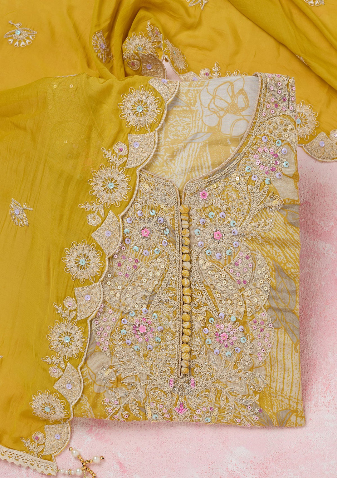 Yellow Threadwork Cotton Unstitched Salwar Suit-koskii