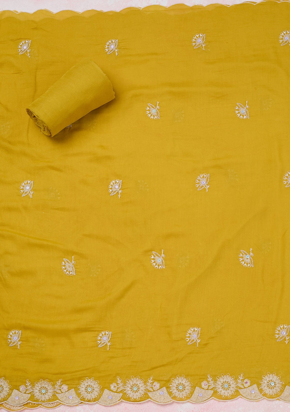 Yellow Threadwork Cotton Unstitched Salwar Suit-koskii