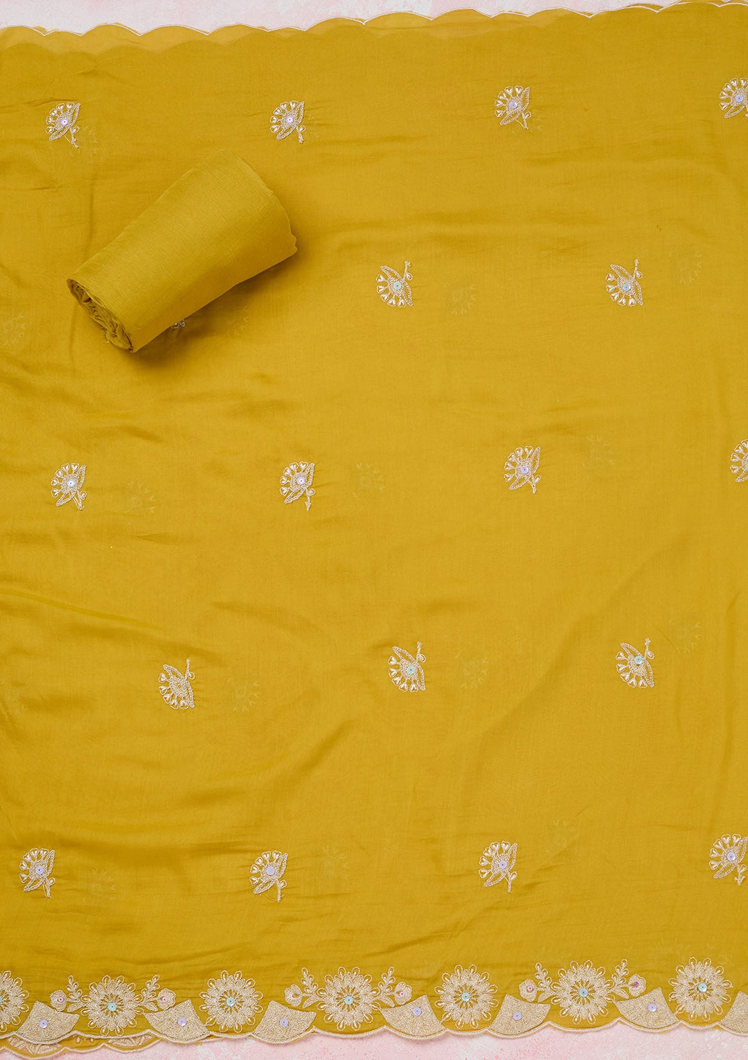 Yellow Threadwork Cotton Unstitched Salwar Suit-koskii