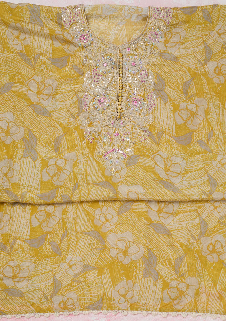 Yellow Threadwork Cotton Unstitched Salwar Suit-koskii