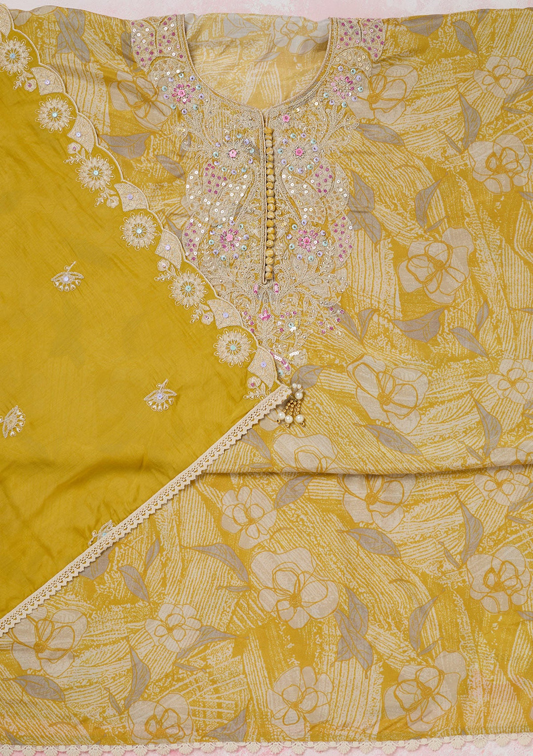 Yellow Threadwork Cotton Unstitched Salwar Suit-koskii