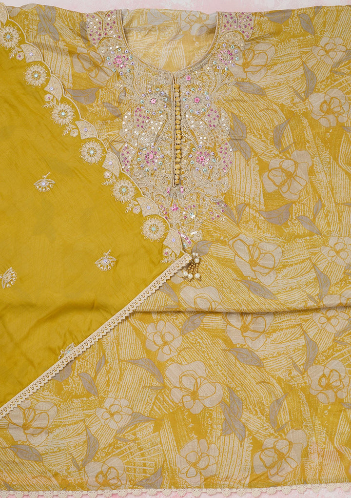Yellow Threadwork Cotton Unstitched Salwar Suit-koskii