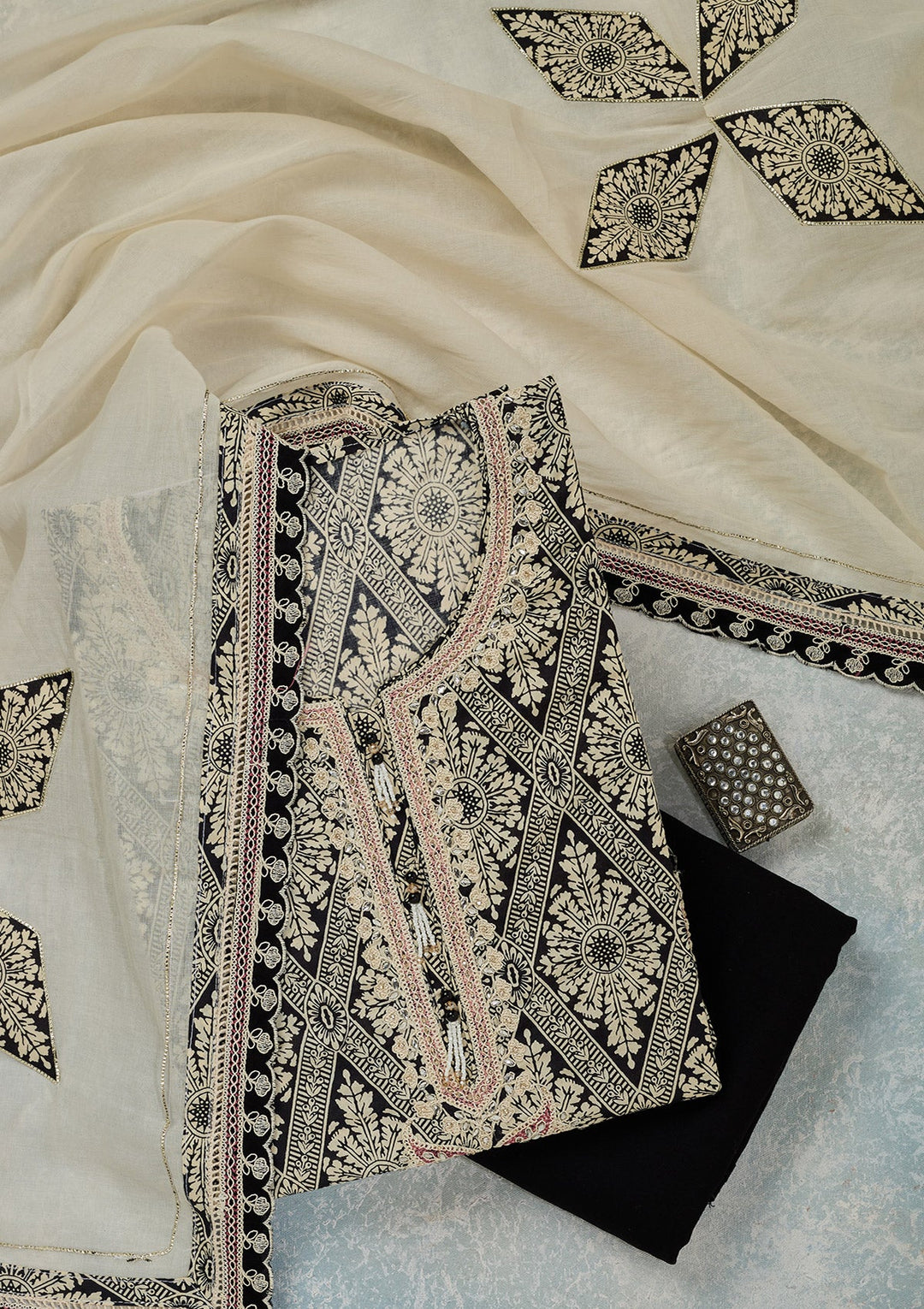 Cream Threadwork Cotton Unstitched Salwar Suit-Koskii