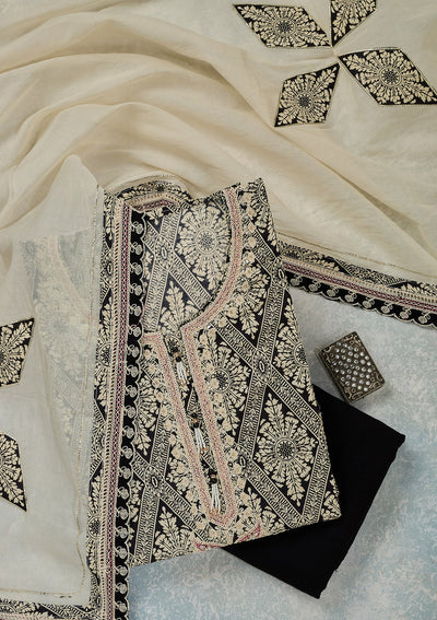 Cream Threadwork Cotton Unstitched Salwar Suit-Koskii