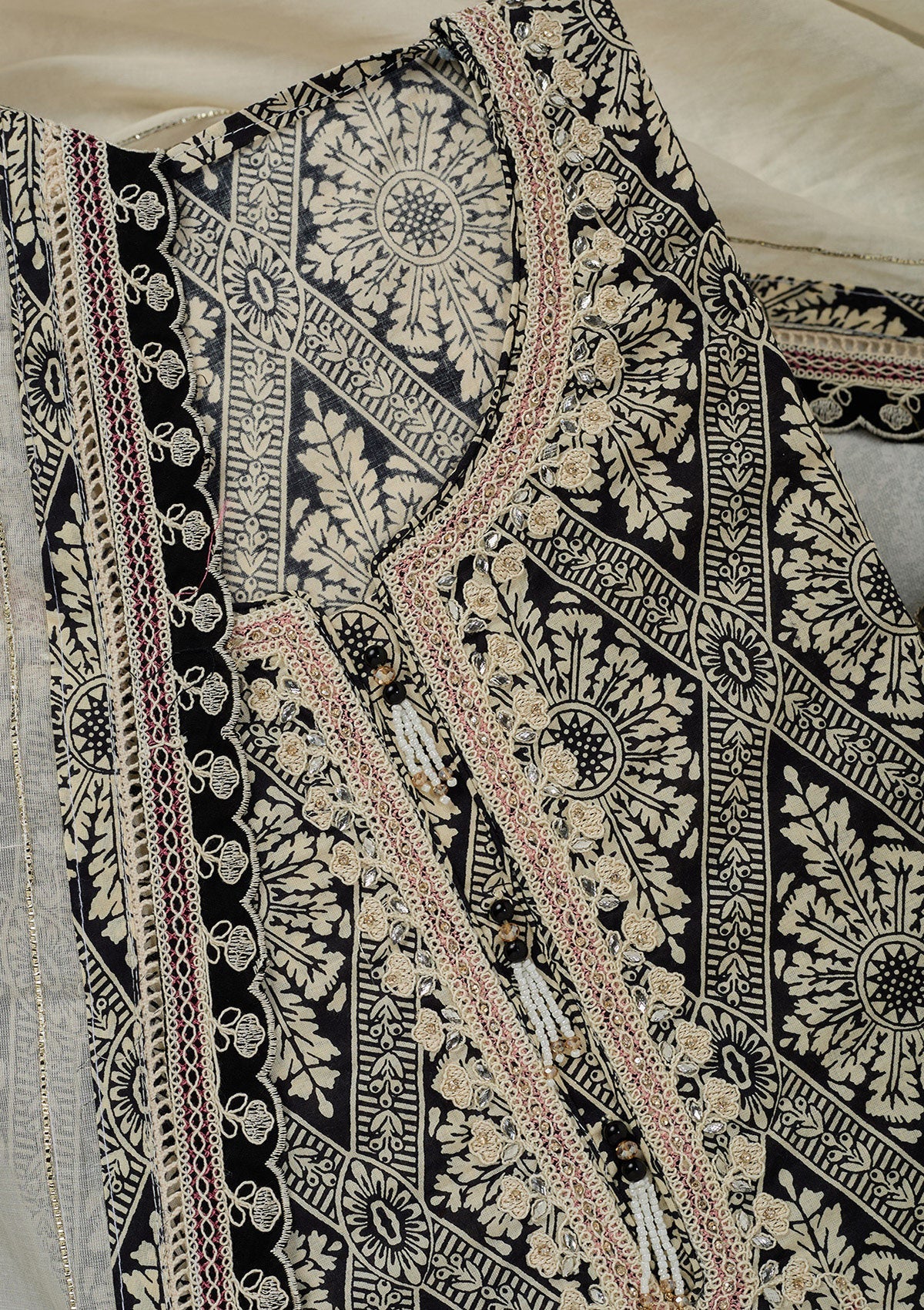 Cream Threadwork Cotton Unstitched Salwar Suit-Koskii