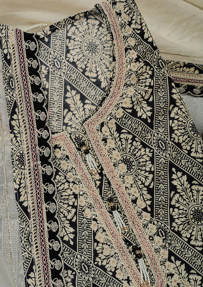Cream Threadwork Cotton Unstitched Salwar Suit-Koskii