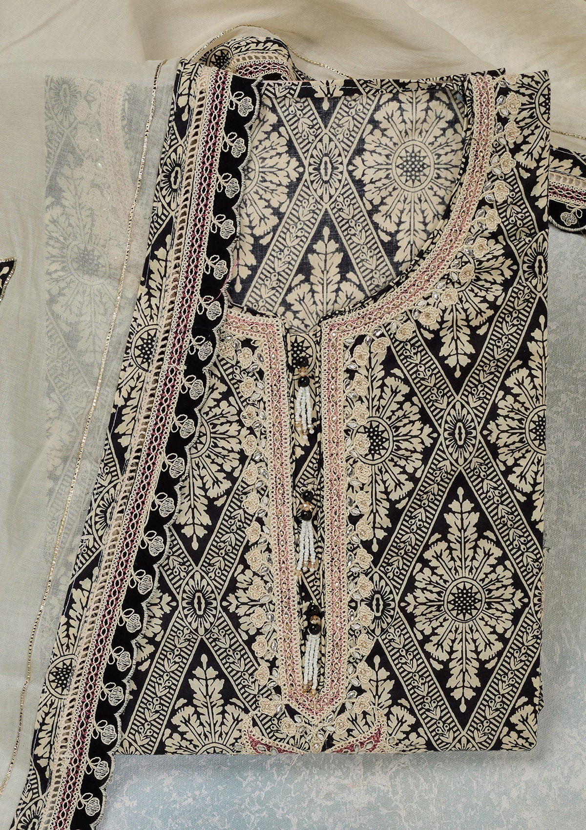 Cream Threadwork Cotton Unstitched Salwar Suit-Koskii