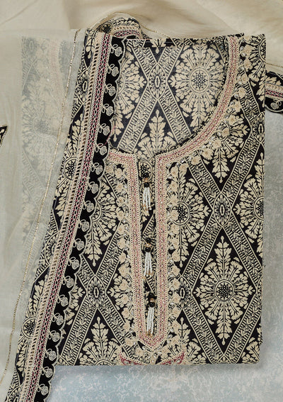Cream Threadwork Cotton Unstitched Salwar Suit-Koskii