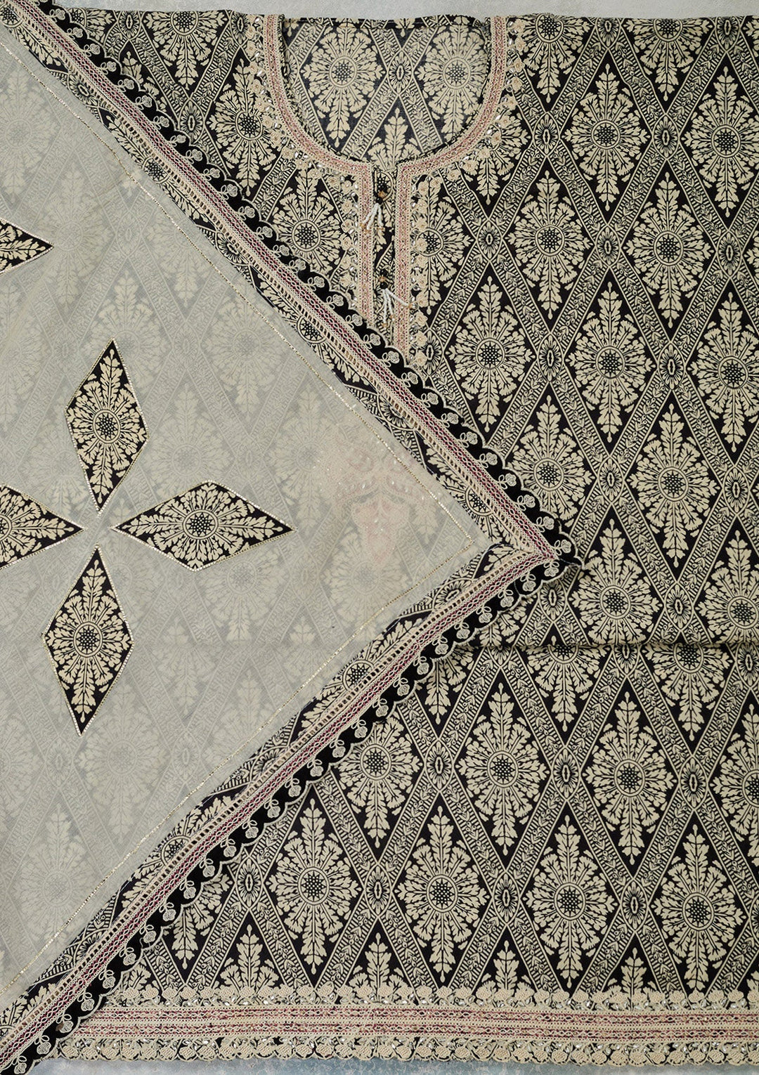 Cream Threadwork Cotton Unstitched Salwar Suit-Koskii