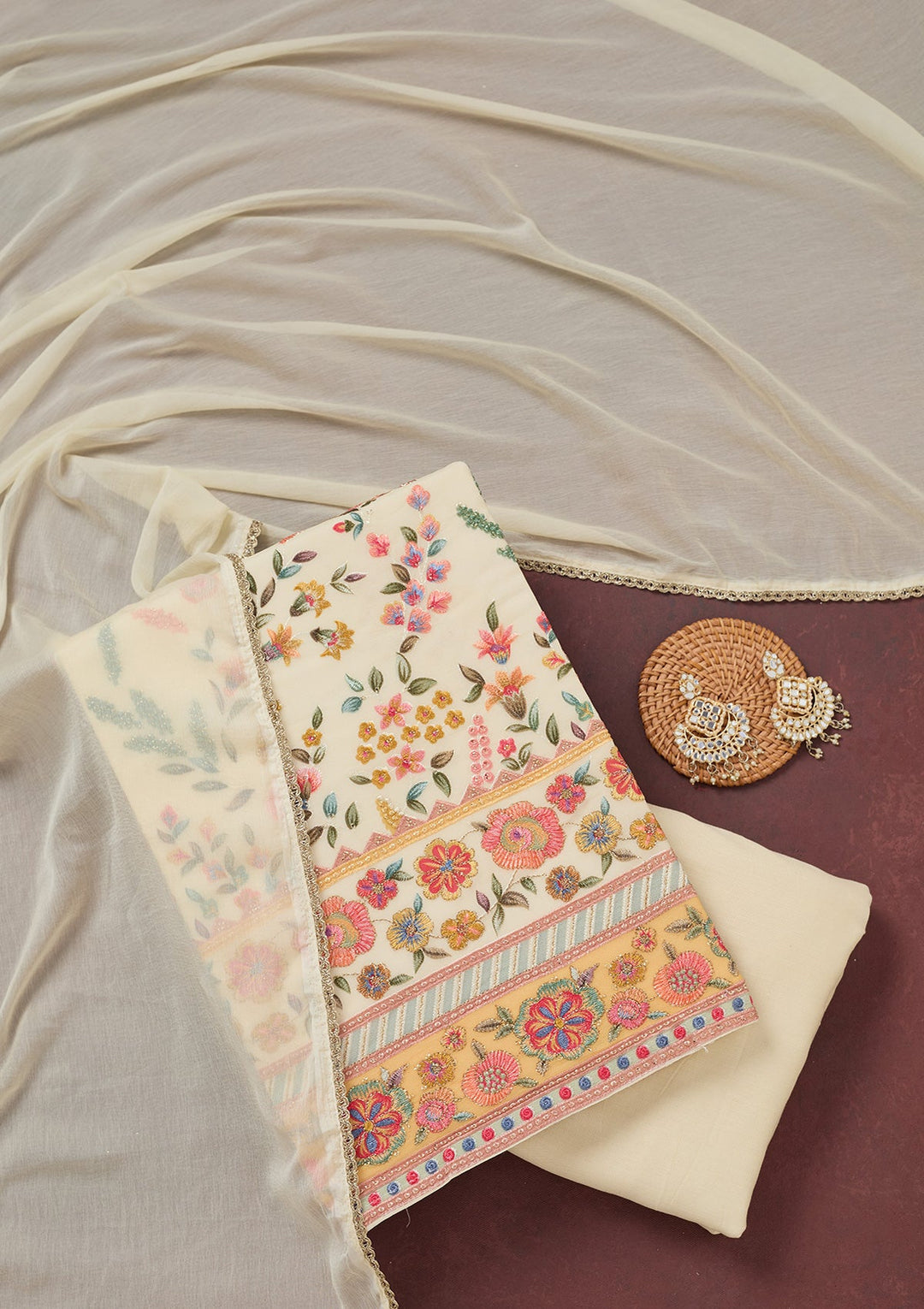 Cream Threadwork Georgette Unstitched Salwar Suit_koskii