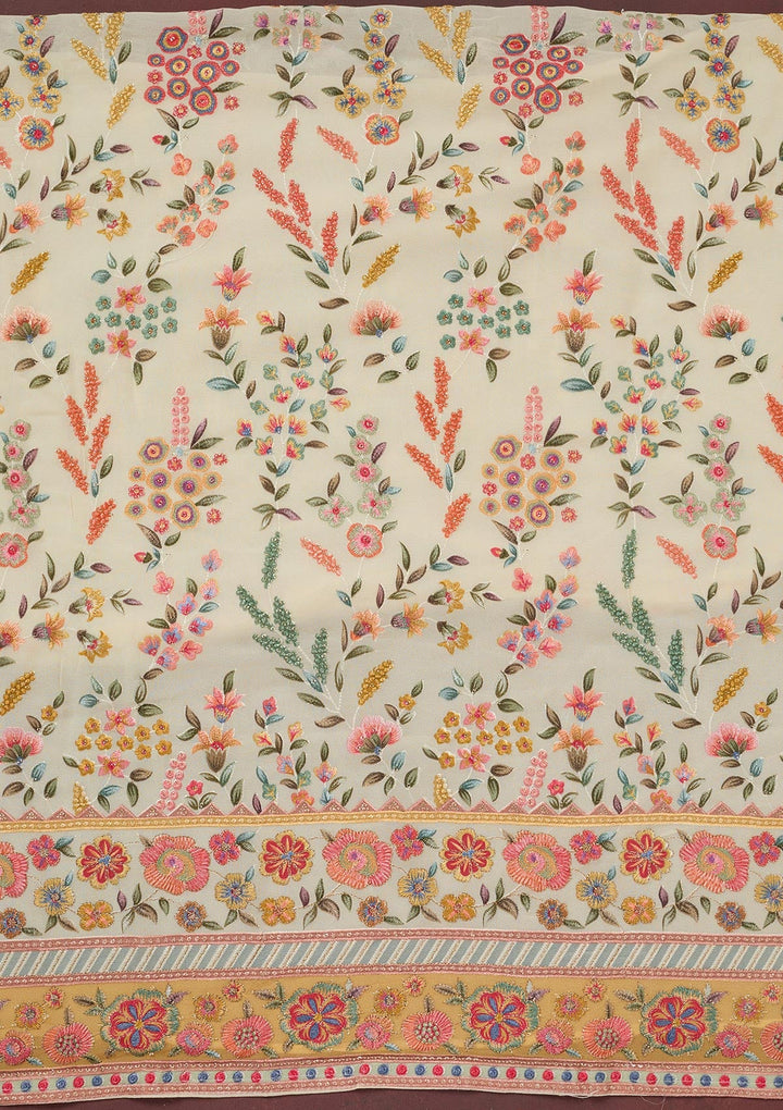 Cream Threadwork Georgette Unstitched Salwar Suit_koskii