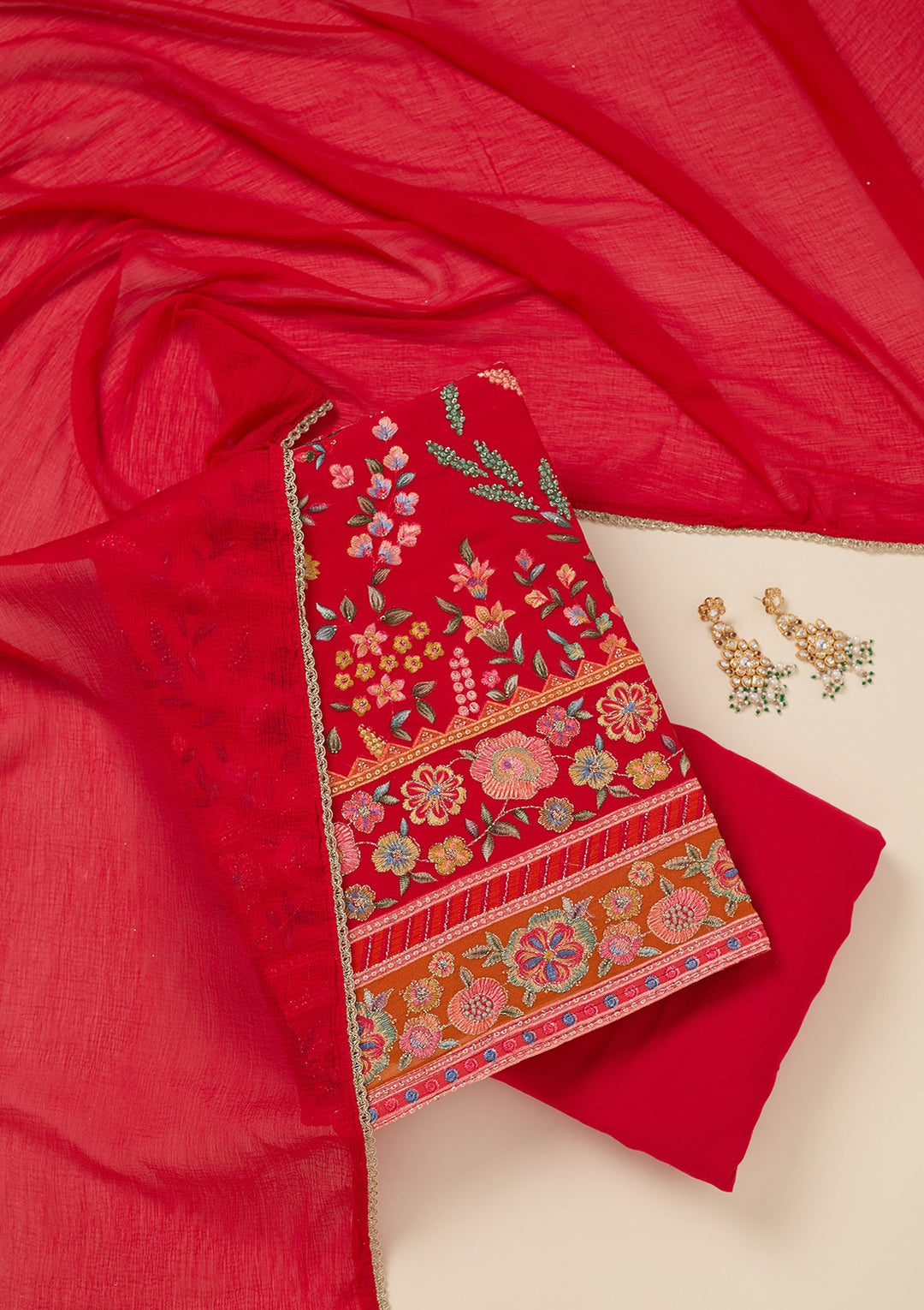 Red Threadwork Georgette Unstitched Salwar Suit_koskii