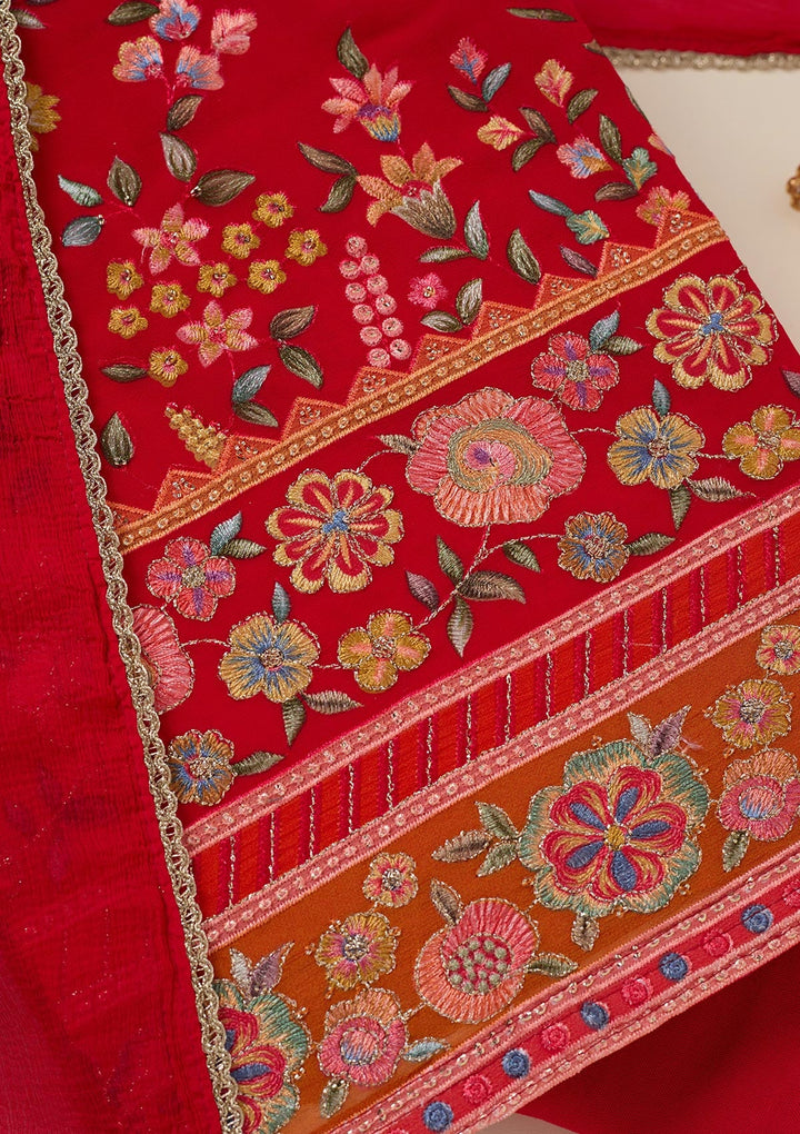 Red Threadwork Georgette Unstitched Salwar Suit_koskii