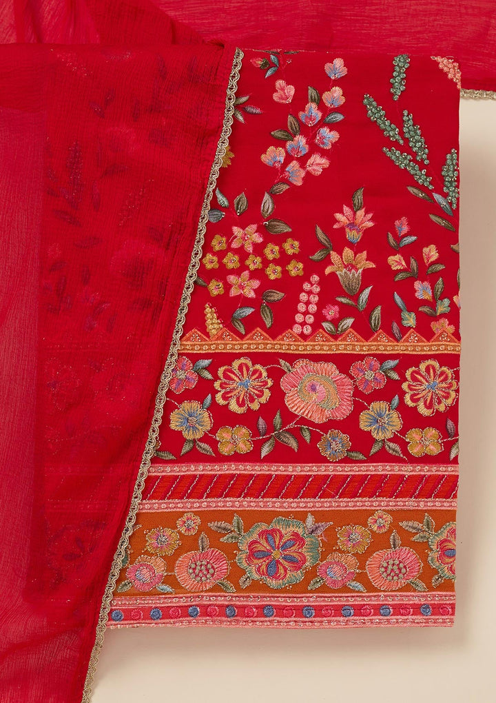 Red Threadwork Georgette Unstitched Salwar Suit_koskii