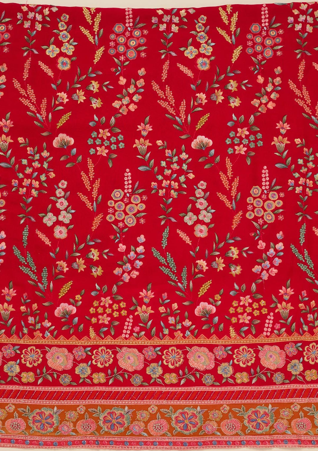 Red Threadwork Georgette Unstitched Salwar Suit_koskii