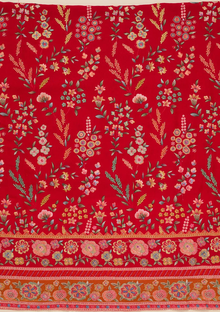 Red Threadwork Georgette Unstitched Salwar Suit_koskii