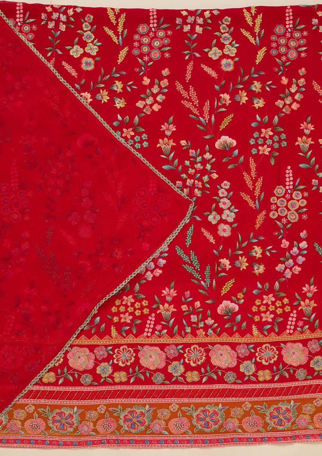Red Threadwork Georgette Unstitched Salwar Suit_koskii