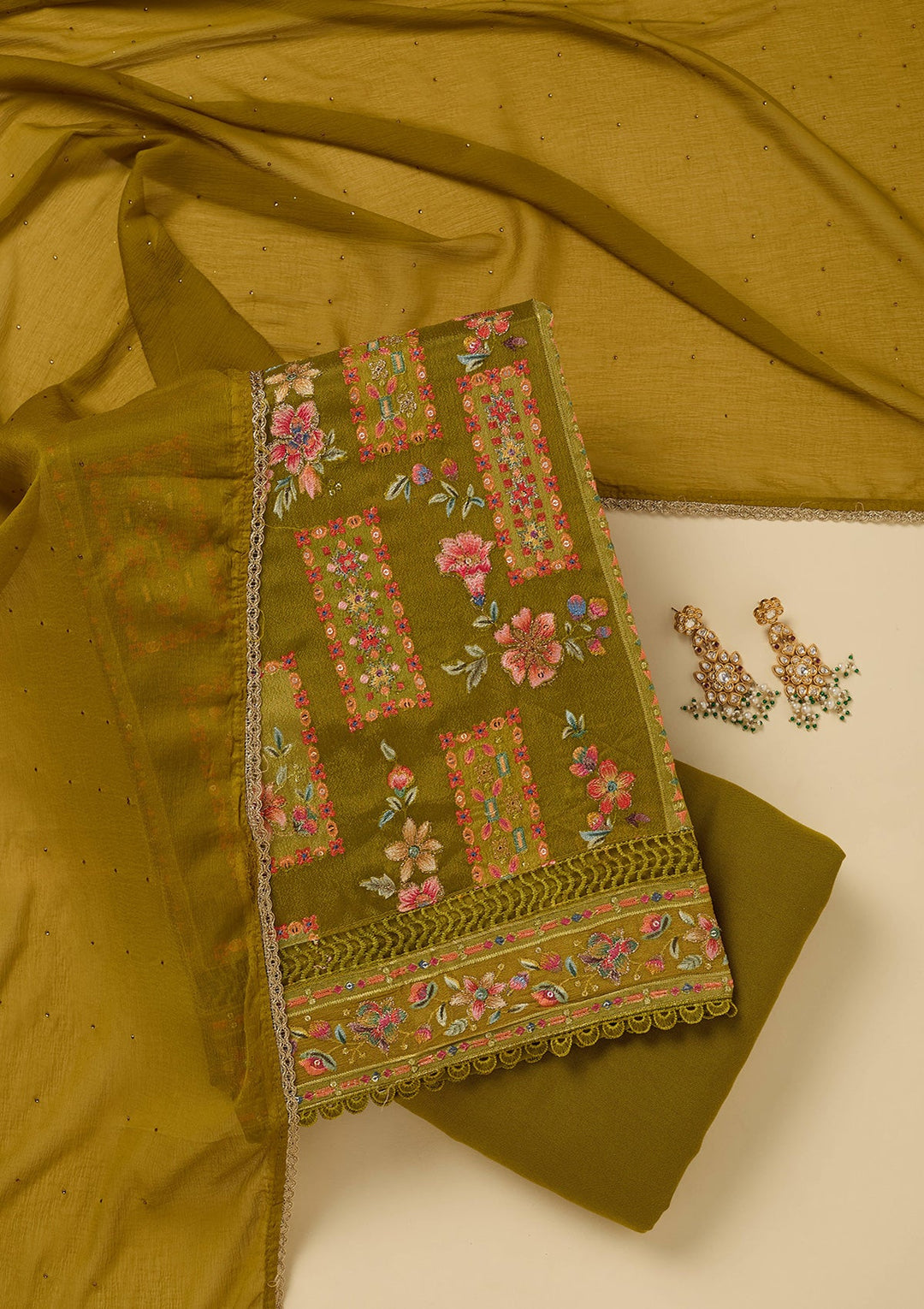 Mehandi Green Threadwork Georgette Unstitched Salwar Suit_koskii