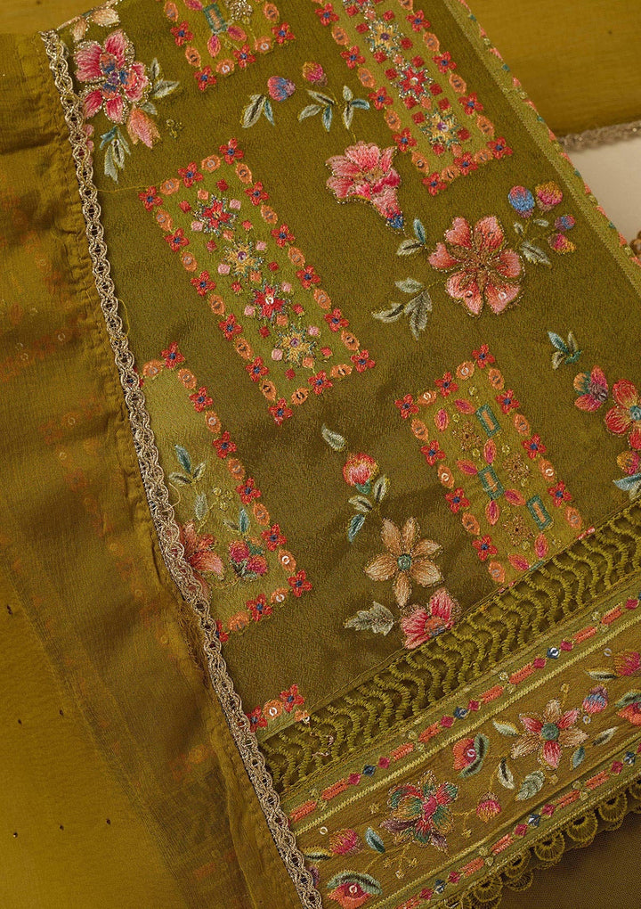 Mehandi Green Threadwork Georgette Unstitched Salwar Suit_koskii
