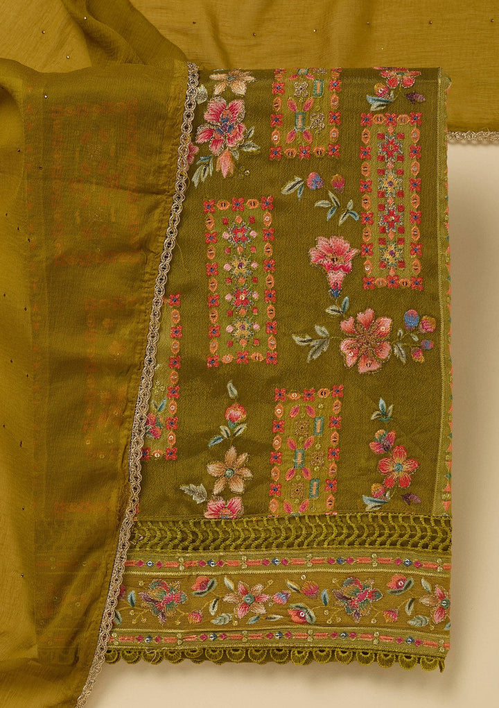 Mehandi Green Threadwork Georgette Unstitched Salwar Suit_koskii