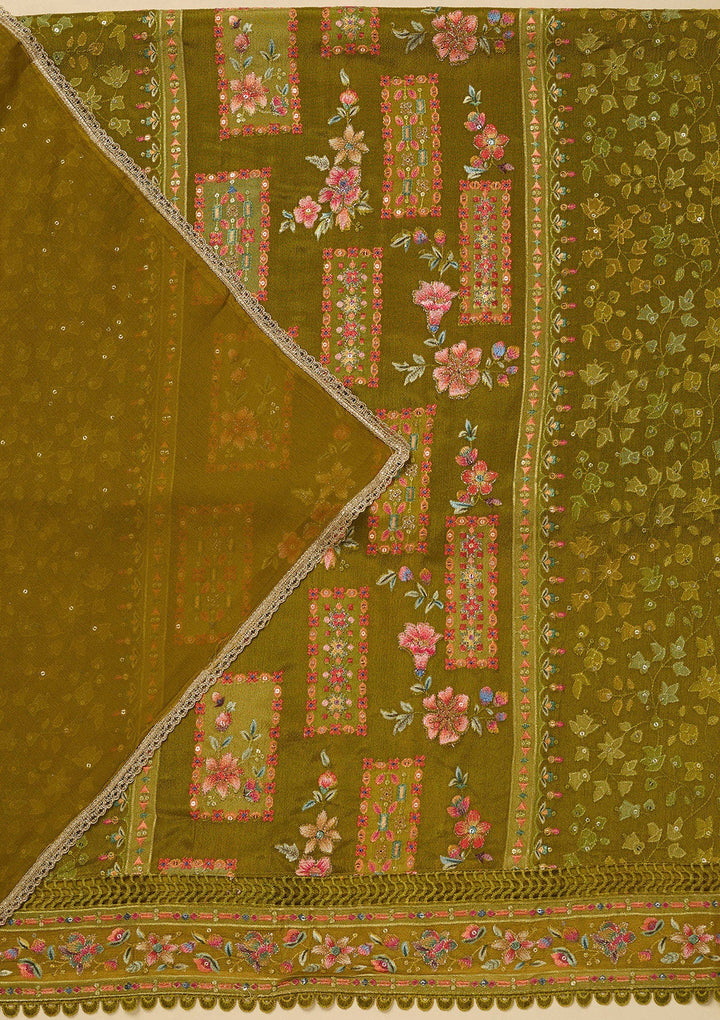Mehandi Green Threadwork Georgette Unstitched Salwar Suit_koskii