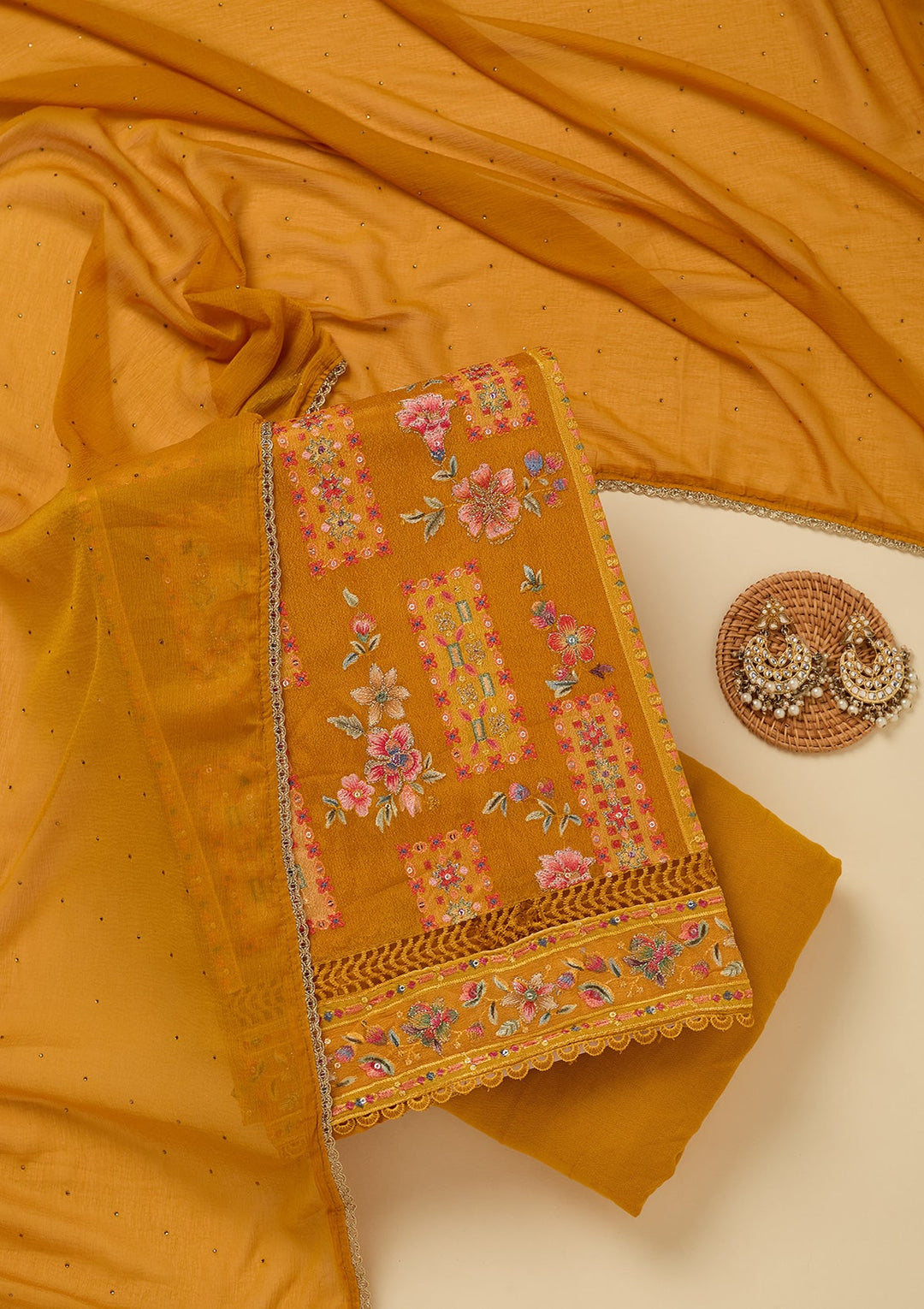 Mustard Threadwork Georgette Unstitched Salwar Suit_koskii