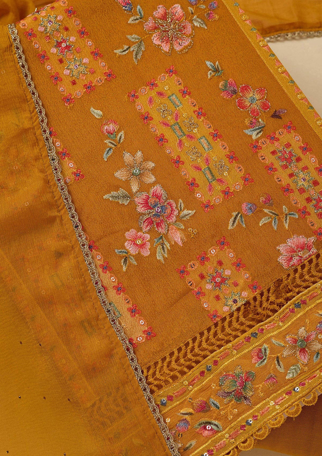 Mustard Threadwork Georgette Unstitched Salwar Suit_koskii