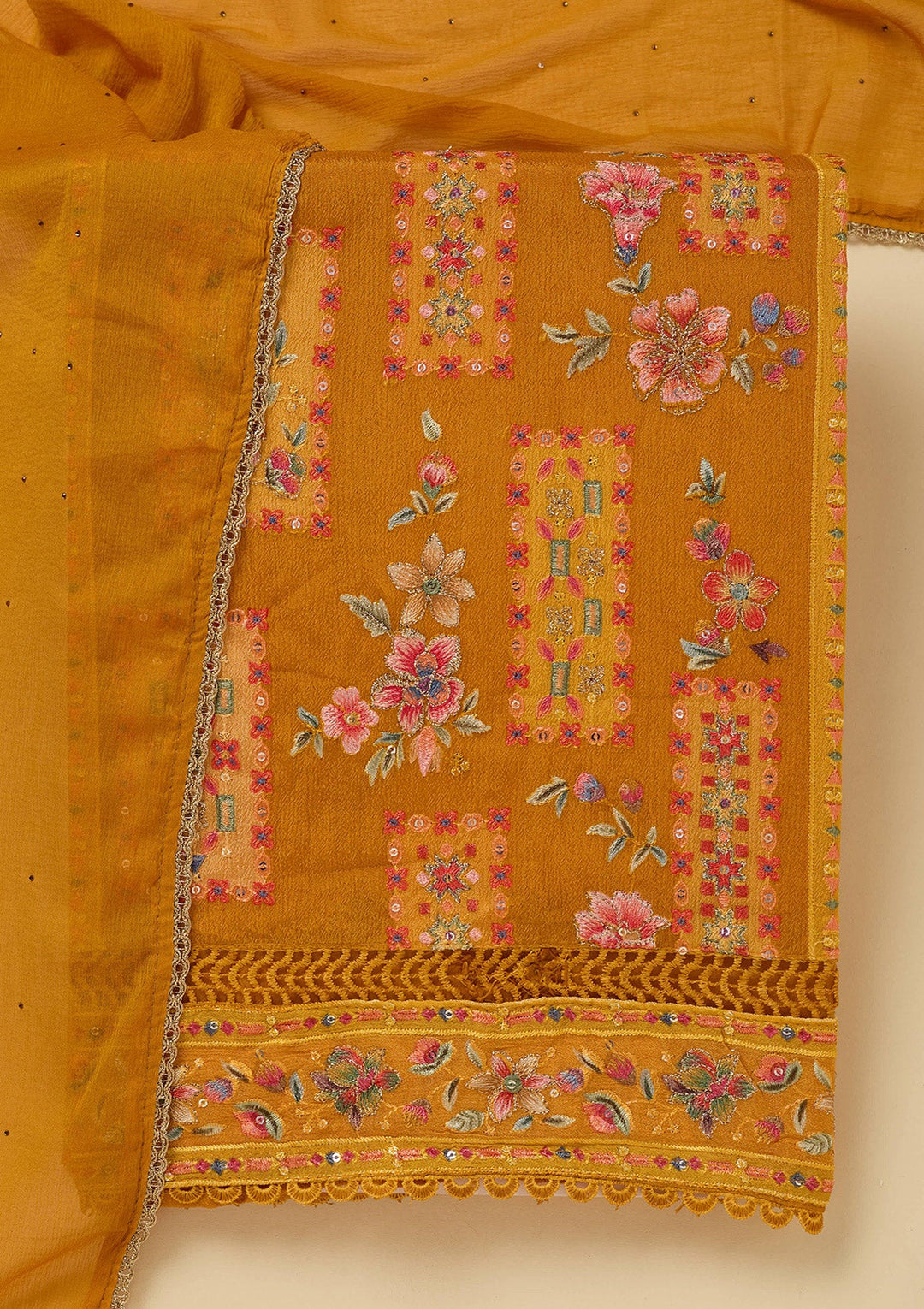 Mustard Threadwork Georgette Unstitched Salwar Suit_koskii
