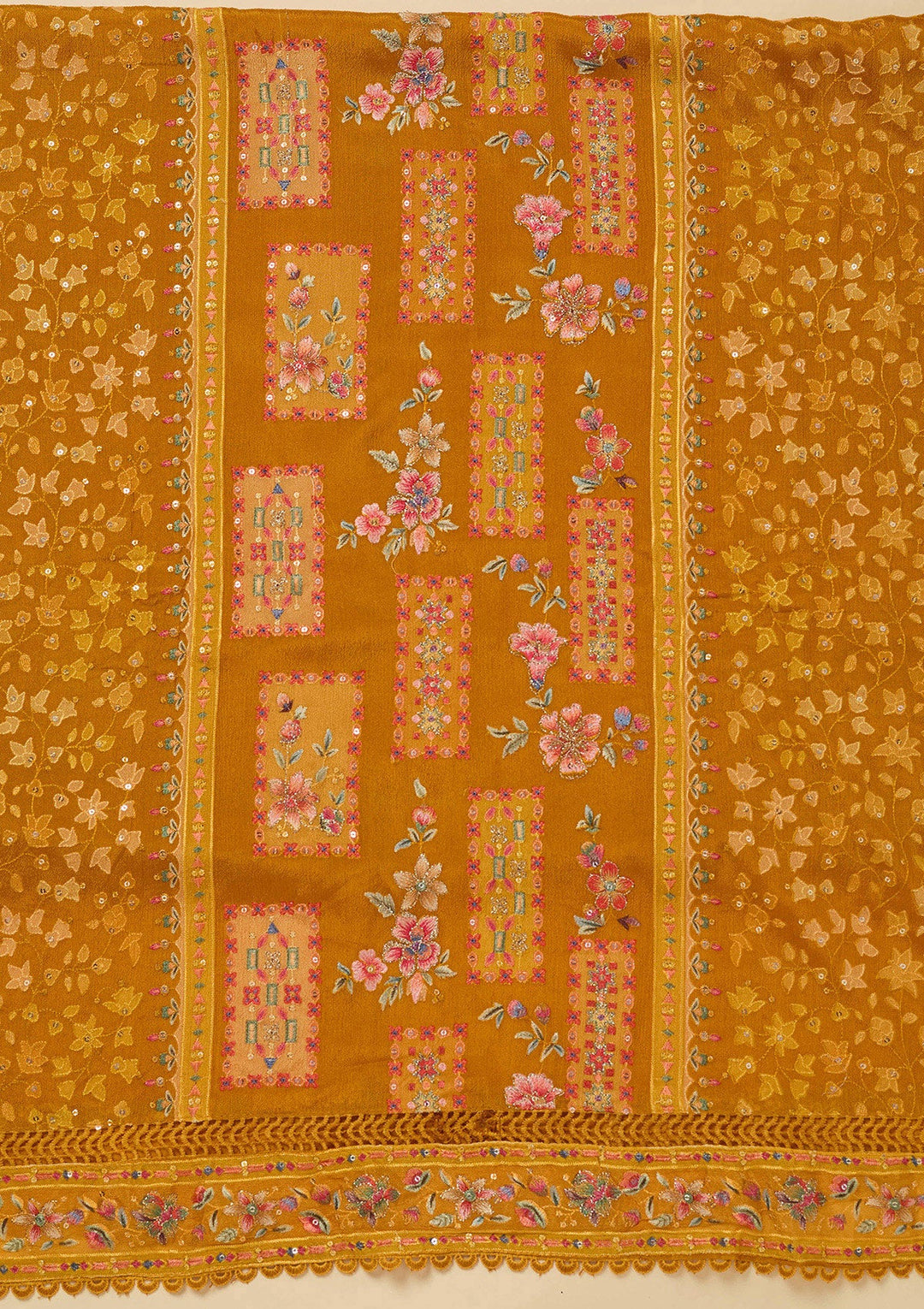Mustard Threadwork Georgette Unstitched Salwar Suit_koskii