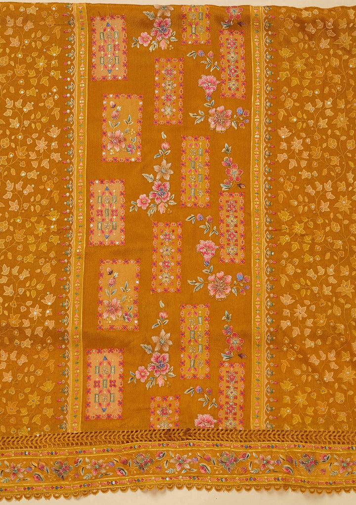Mustard Threadwork Georgette Unstitched Salwar Suit_koskii