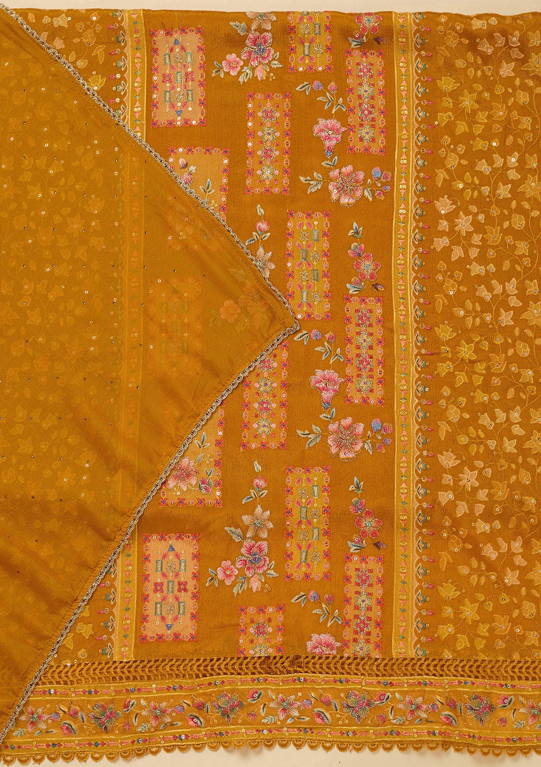 Mustard Threadwork Georgette Unstitched Salwar Suit_koskii