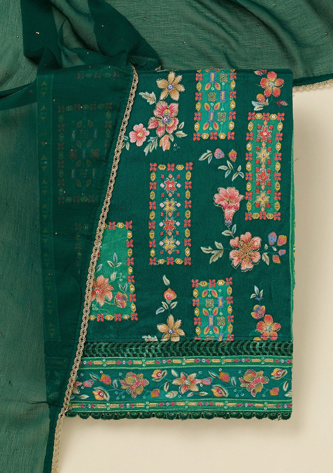 Rama Green Threadwork Georgette Unstitched Salwar Suit_koskii