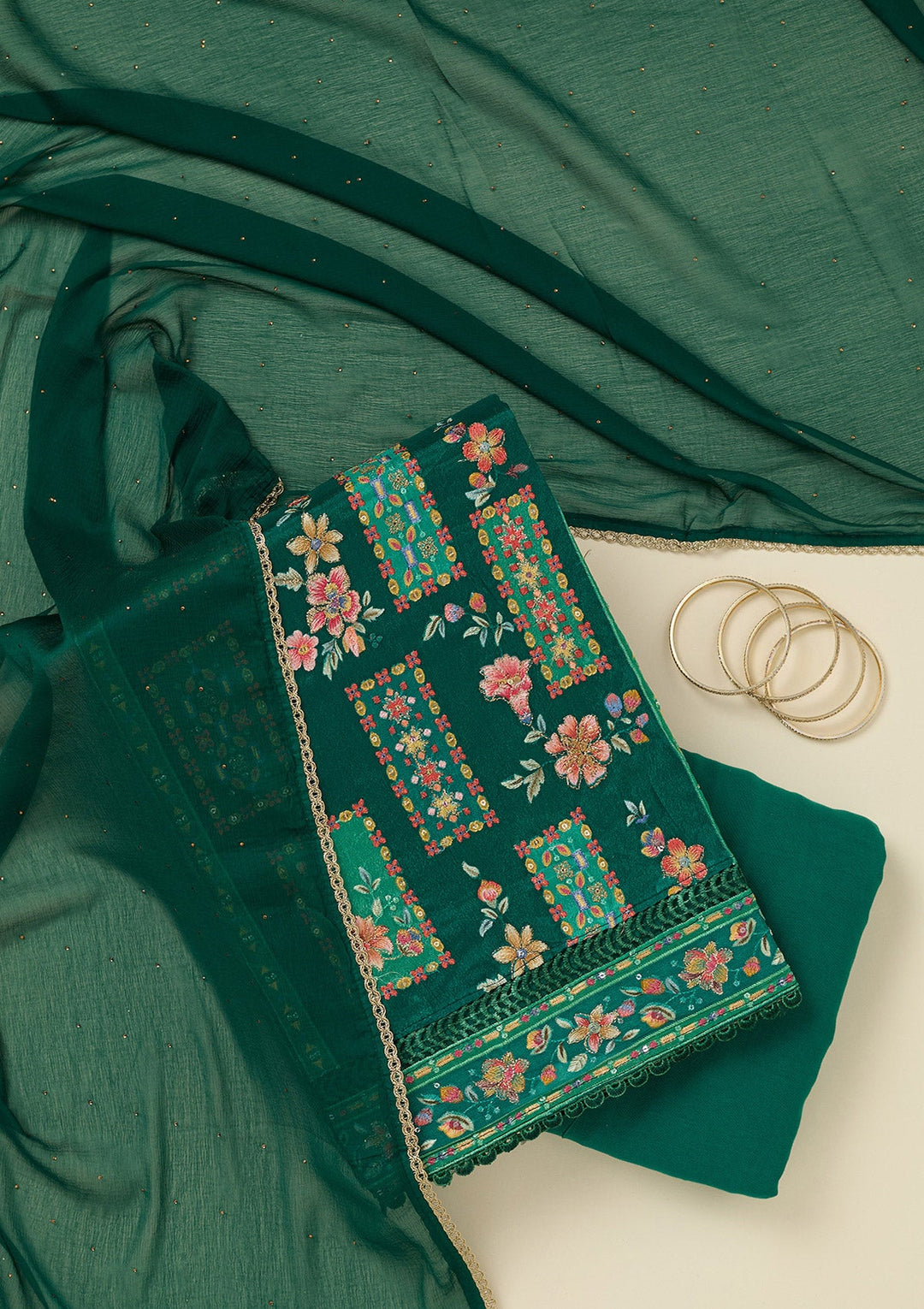 Rama Green Threadwork Georgette Unstitched Salwar Suit_koskii
