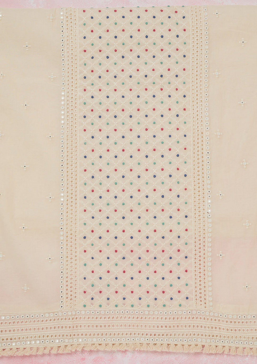 Cream Threadwork Cotton Unstitched Salwar Suit-koskii