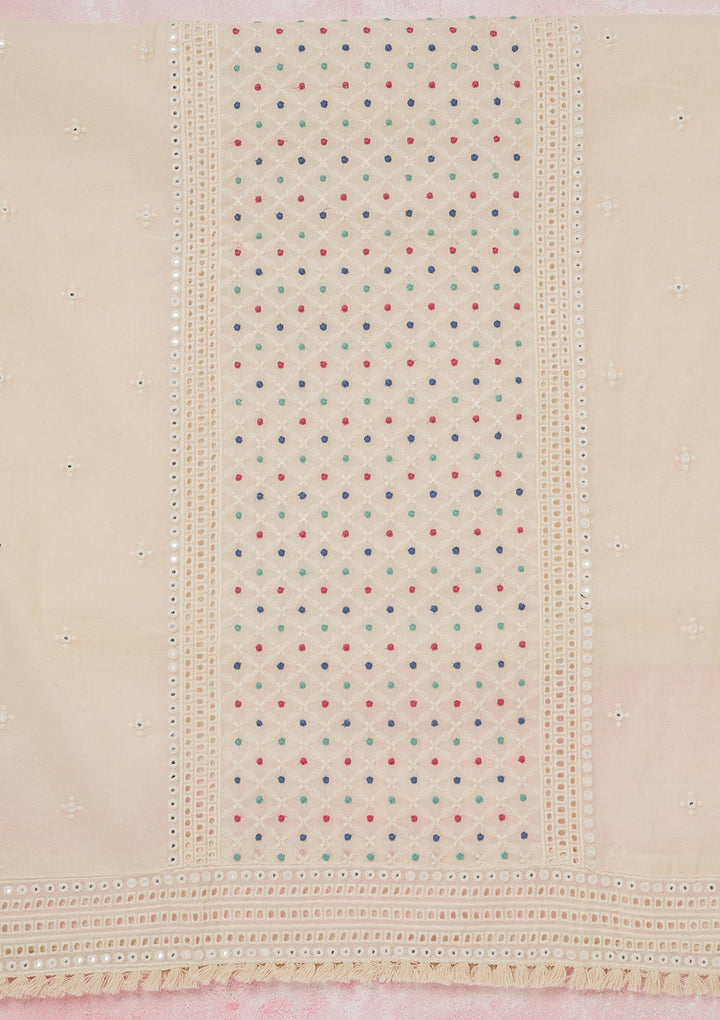 Cream Threadwork Cotton Unstitched Salwar Suit-koskii