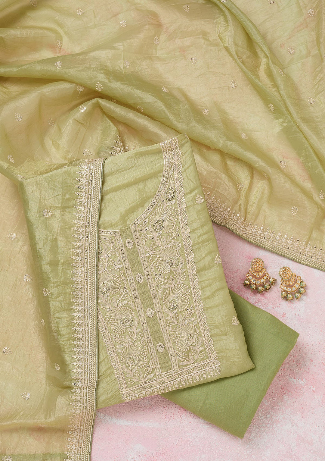 Pista Green Threadwork Semi Crepe Unstitched Salwar Suit-koskii