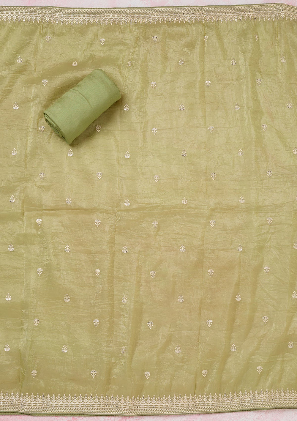 Pista Green Threadwork Semi Crepe Unstitched Salwar Suit-koskii