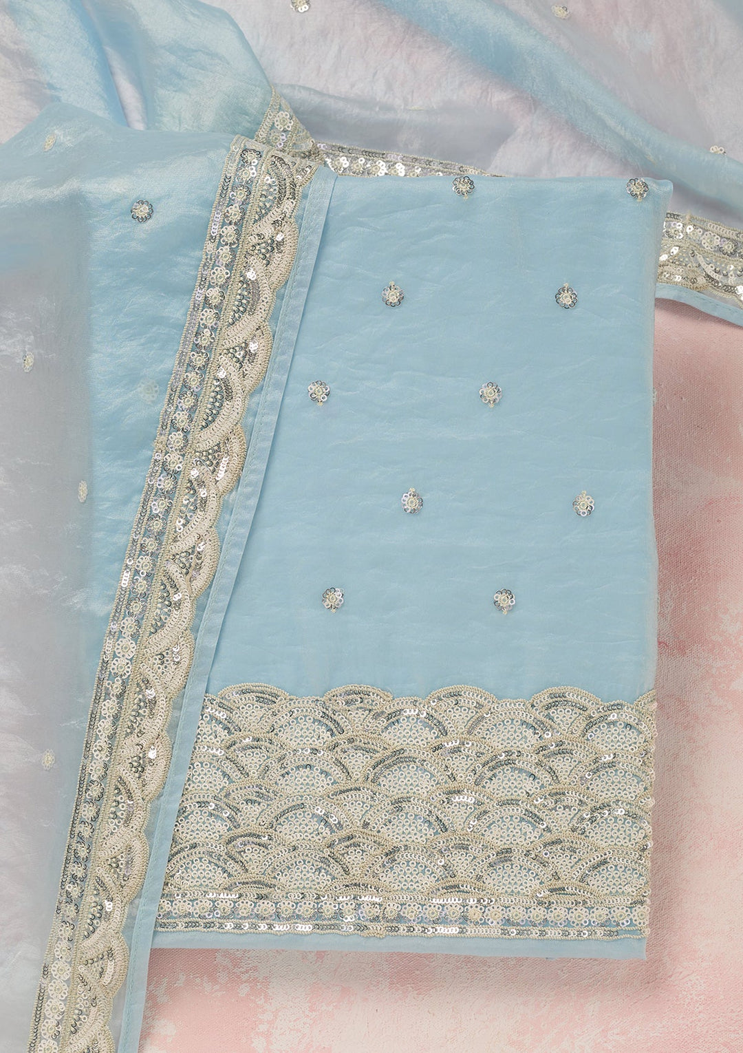 Sky Blue Sequins Tissue Unstitched Salwar Suit_koskii
