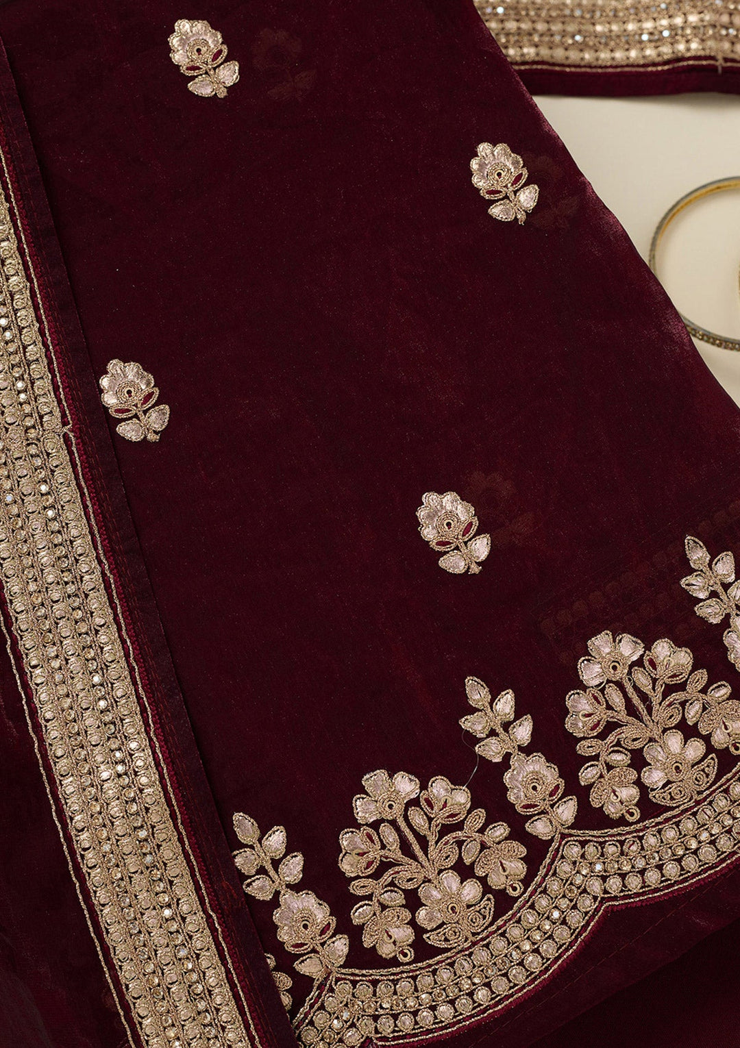 Dark Maroon Gotapatti Organza Unstitched Salwar Suit_koskii